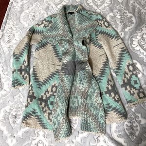 Super soft, thick wool cardigan, Size S/M, Gray and Turquoise Aztec